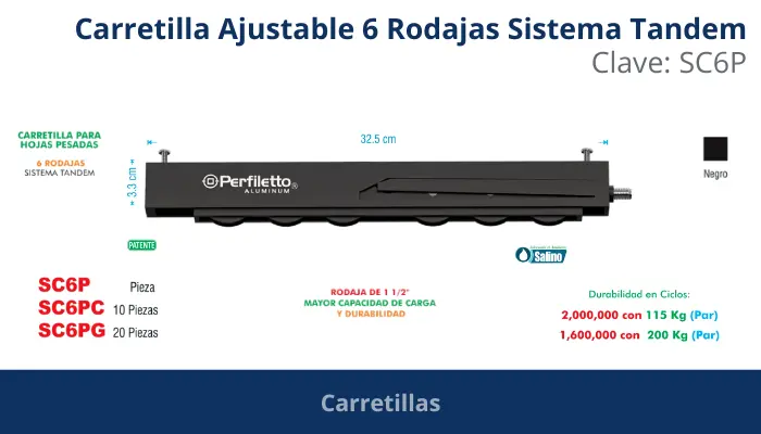 Carretilla Ajustable 6 Rodajas Sistema Tándem